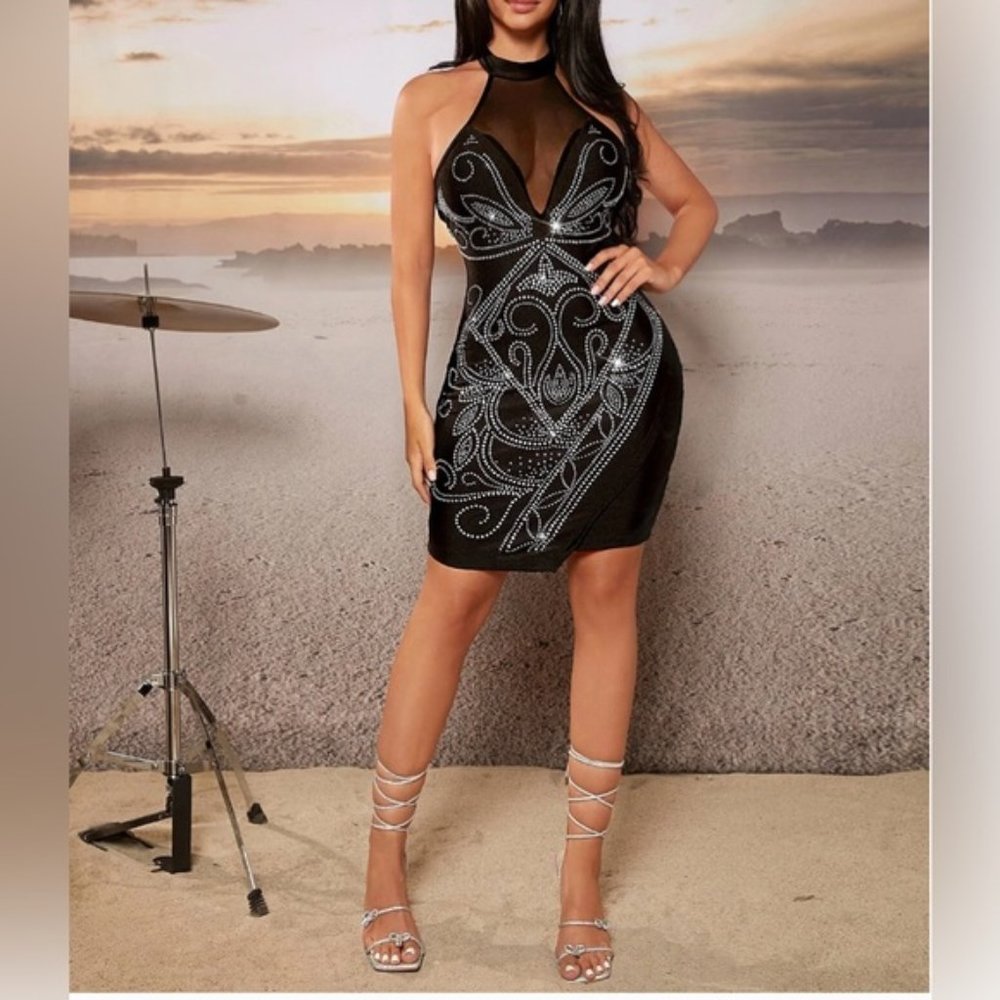 Rhinestone Halter Neck Backless Body Con Dress